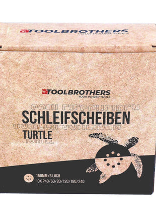 Toolbrothers TURTLE Schleifset 150 mm Klett 6 Loch je 10x P40 / P60 / P80 / P120 / P180 / 240 für Hartholz, Weichholz, Lack, Stein, Stahl, Aluminium, Furnier - Toolbrothers