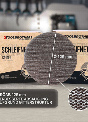 Toolbrothers SPIDER Schleifset Netz Schleifmittel Schleifnetze 125 mm Klett je 10x P80 / P120 / P180 / P240 für Hartholz, Weichholz, Lack, Stein, Stahl, Aluminium, Furnier - Toolbrothers