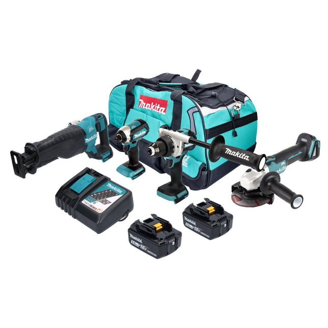 Makita DLX 4157 TX1 Akku Kombo Kit 18 V DDF 486 + DGA 504 + DJR 187 + DTD 153 + 2x Akku 5,0 Ah + Ladegerät + Tasche