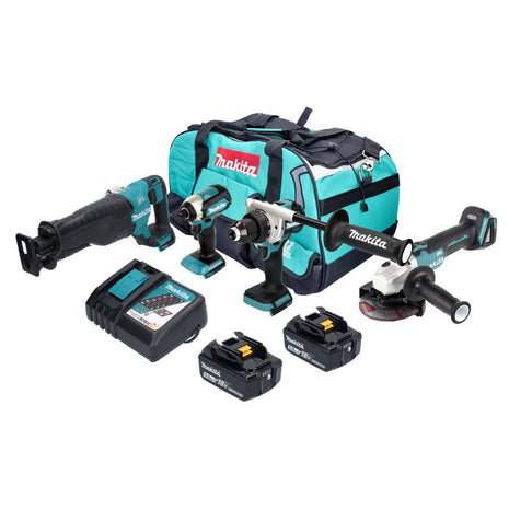 Makita DLX 4157 TX1 Akku Kombo Kit 18 V DDF 486 + DGA 504 + DJR 187 + DTD 153 + 2x Akku 5,0 Ah + Ladegerät + Tasche