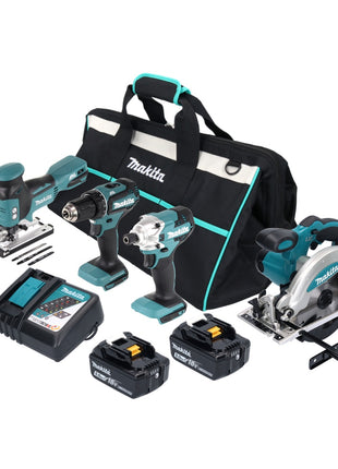 Kit combiné batterie Makita DLX 4163 TX1 18 V DDF 485 + DJV 181 + DSS 610 + DTD 156 + 2x batteries 5,0 Ah + chargeur + sac