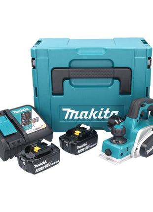 Cepilladora de batería Makita DKP 180 RFJ 18 V 82 mm + 2x baterías 3,0 Ah + cargador + Makpac