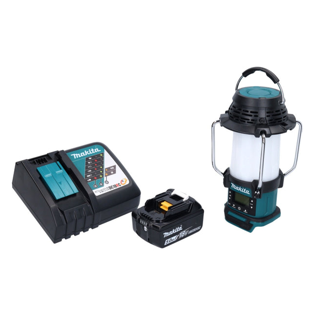 Makita DMR 055 RT1 cordless radio 18 V FM with lantern 360° torch + 1x rechargeable battery 5.0 Ah + charger