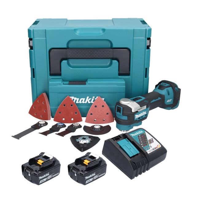 Utensile multifunzione a batteria Makita DTM 52 RFJX4 18 V Starlock Max Brushless + 2x batteria 3,0 Ah + caricabatterie + set di accessori + Makpac