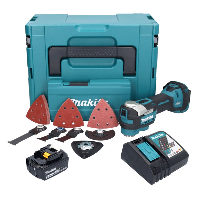 Makita DTM 52 RM1JX4 utensile multifunzione a batteria 18 V Starlock Max Brushless + 1x batteria 4,0 Ah + caricabatterie + set di accessori + Makpac