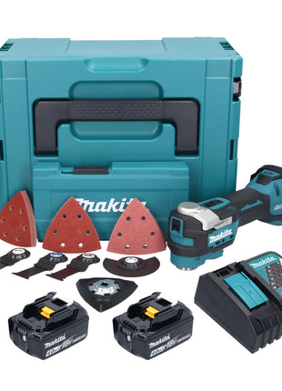 Herramienta multifuncional a batería Makita DTM 52 RMJX4 18 V Starlock Max Brushless + 2x baterías 4.0 Ah + cargador + set de accesorios + Makpac