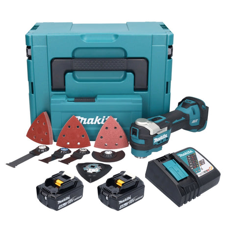 Herramienta multifuncional a batería Makita DTM 52 RMJX4 18 V Starlock Max Brushless + 2x baterías 4.0 Ah + cargador + set de accesorios + Makpac