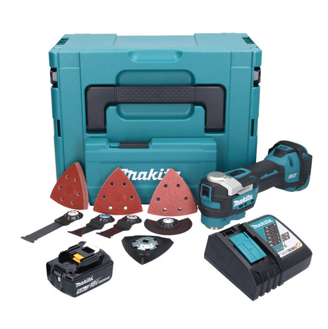 Herramienta multifuncional a batería Makita DTM 52 RT1JX4 18 V Starlock Max Brushless + 1x batería 5.0 Ah + cargador + set de accesorios + Makpac