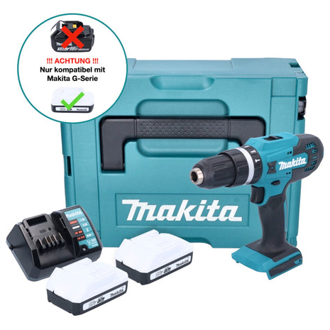 Taladro percutor inalámbrico Makita HP 488 DWYJ 18 V 42 Nm serie G + 2x baterías 1,5 Ah + cargador + Makpac