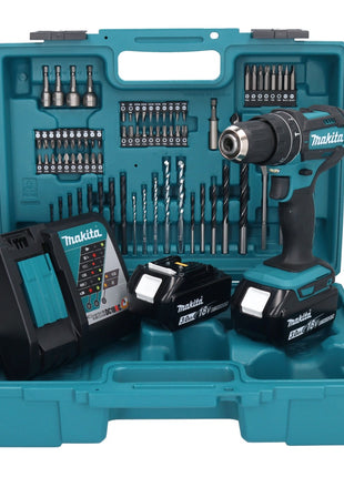 Makita DHP 482 RFX1 Perceuse-visseuse à percussion sans fil 18 V + 2x Batteries 3,0 Ah + Chargeur + kit d'accessoires - 74 pièces + Mallette