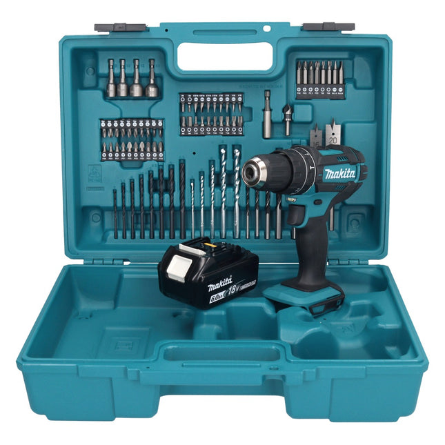 Taladro percutor inalámbrico Makita DHP 482 G1X1 18 V + 1x batería 6,0 Ah + set de accesorios 74 piezas + maletín - sin cargador