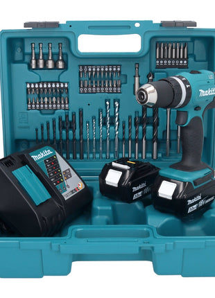 Taladro percutor inalámbrico Makita DHP 453 RFX1 18 V 42 Nm + 2x baterías 3,0 Ah + cargador + set de accesorios 74 piezas + estuche