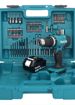 Taladro percutor inalámbrico Makita DHP 453 T1X1 18 V 42 Nm + 1x batería 5,0 Ah + set de accesorios 74 piezas + maletín - sin cargador