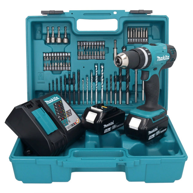 Taladro percutor inalámbrico Makita DHP 453 RTX1 18 V 42 Nm + 2x baterías 5,0 Ah + cargador + set de accesorios 74 piezas + estuche