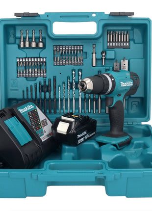 Taladro percutor inalámbrico Makita DHP 453 RG1X1 18 V 42 Nm + 1x batería 6,0 Ah + cargador + set de accesorios 74 piezas + estuche