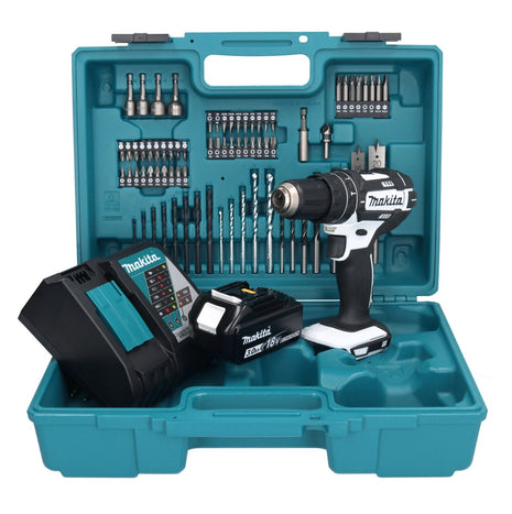 Makita DHP 482 RF1X1W perceuse à percussion sans fil 18 V 62 Nm + 1x batterie 3,0 Ah + chargeur + jeu d'accessoires 74 pièces + mallette