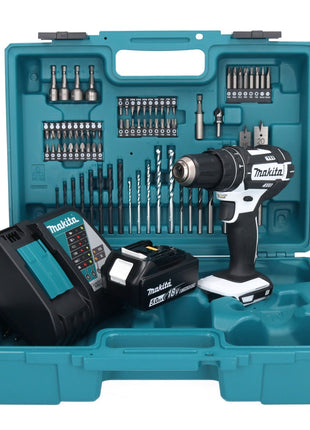 Makita DHP 482 RT1X1W Akku Schlagbohrschrauber 18 V 62 Nm + 1x Akku 5,0 Ah + Ladegerät + 74 tlg. Zubehörset + Koffer