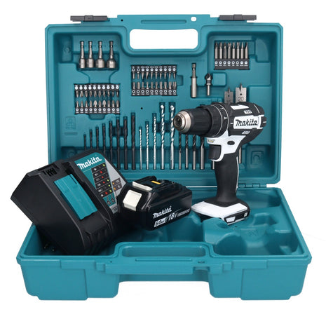 Makita DHP 482 RG1X1W perceuse à percussion sans fil 18 V 62 Nm + 1 batterie 6,0 Ah + chargeur + jeu d'accessoires 74 pièces + mallette