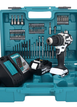 Makita DHP 484 RF1X1W perceuse à percussion sans fil 18 V 54 Nm sans balais blanc + 1 batterie 3,0 Ah + chargeur + jeu d'accessoires 74 pièces + mallette