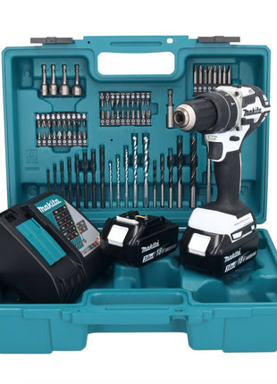 Makita DHP 484 RFX1W perceuse à percussion sans fil 18 V 54 Nm sans balais blanc + 2 batteries 3,0 Ah + chargeur + jeu d'accessoires 74 pièces + mallette