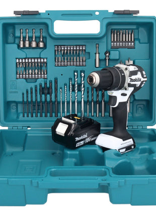 Makita DHP 484 T1X1W Akku Schlagbohrschrauber 18 V 54 Nm Brushless Weiß + 1x Akku 5,0 Ah + 74 tlg. Zubehörset + Koffer - ohne Ladegerät