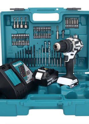 Makita DHP 484 RT1X1W perceuse à percussion sans fil 18 V 54 Nm sans balais blanc + 1 batterie 5,0 Ah + chargeur + jeu d'accessoires 74 pièces + mallette