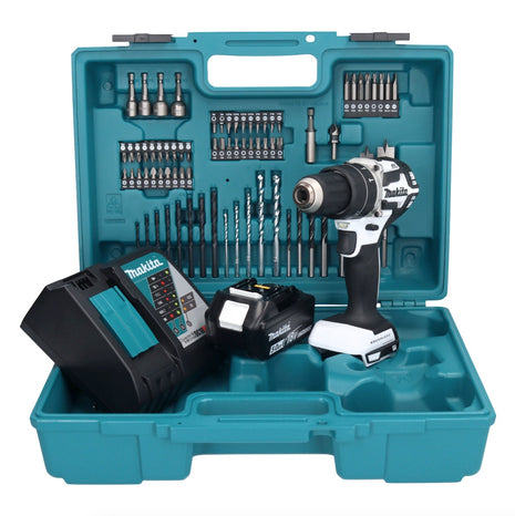 Makita DHP 484 RT1X1W perceuse à percussion sans fil 18 V 54 Nm sans balais blanc + 1 batterie 5,0 Ah + chargeur + jeu d'accessoires 74 pièces + mallette