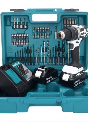 Makita DHP 484 RTX1W perceuse à percussion sans fil 18 V 54 Nm sans balais blanc + 2 batteries 5,0 Ah + chargeur + jeu d'accessoires 74 pièces + mallette