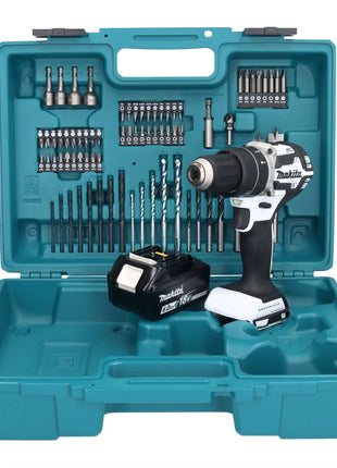 Makita DHP 484 G1X1W perceuse à percussion sans fil 18 V 54 Nm sans balais blanc + 1x batterie 6,0 Ah + jeu d'accessoires 74 pièces + mallette - sans chargeur