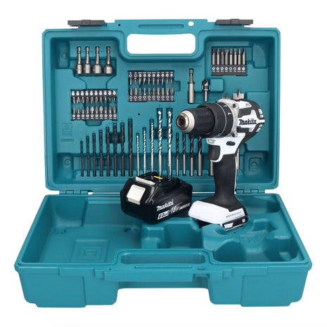 Makita DHP 484 G1X1W Akku Schlagbohrschrauber 18 V 54 Nm Brushless Weiß + 1x Akku 6,0 Ah + 74 tlg. Zubehörset + Koffer - ohne Ladegerät