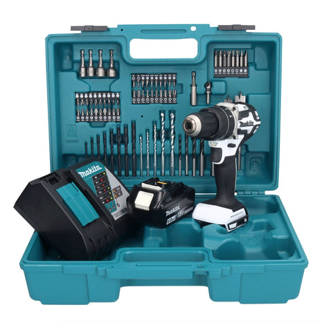 Makita DHP 484 RG1X1W perceuse à percussion sans fil 18 V 54 Nm sans balais blanc + 1 batterie 6,0 Ah + chargeur + jeu d'accessoires 74 pièces + mallette