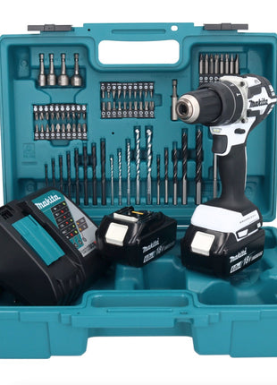 Makita DHP 484 RGX1W perceuse à percussion sans fil 18 V 54 Nm sans balais blanc + 2 batteries 6,0 Ah + chargeur + jeu d'accessoires 74 pièces + mallette