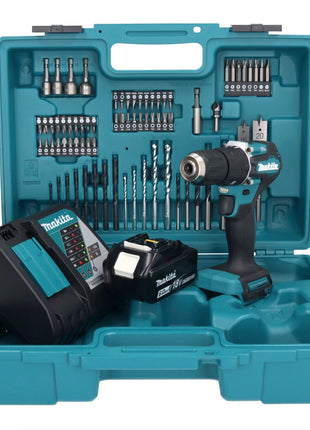 Makita DHP 487 RG1X1 18 V Perceuse-visseuse à percussion sans fil 40 Nm sans balai + 1x Batterie 6,0 Ah + Chargeur + Set d'accessoires - 74 pièces + Mallette