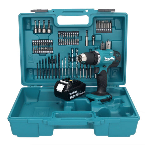 Makita DDF 453 F1X1 taladro atornillador inalámbrico 18 V 42 Nm + 1x batería 3,0 Ah + juego de accesorios 74 piezas + maletín - sin cargador