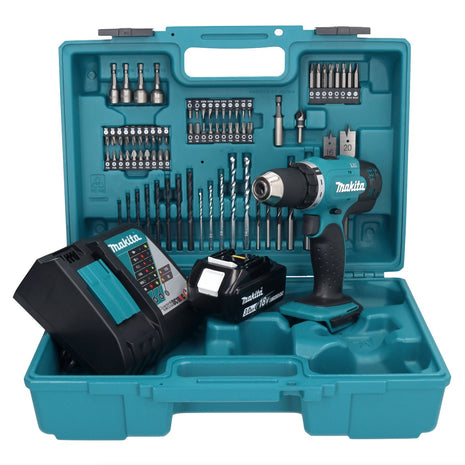 Makita DDF 453 RF1X1 taladro atornillador inalámbrico 18 V 42 Nm + 1x batería 3,0 Ah + cargador + set de accesorios 74 piezas + estuche