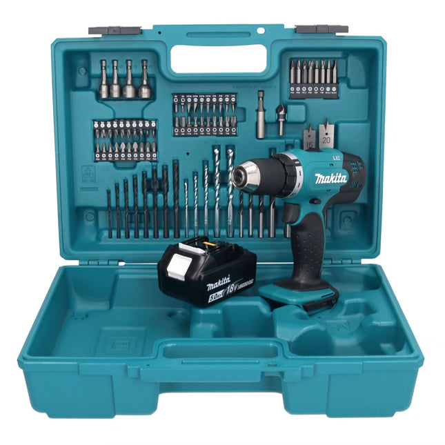 Makita DDF 453 T1X1 Akku Bohrschrauber 18 V 42 Nm + 1x Akku 5,0 Ah + 74 tlg. Zubehörset + Koffer - ohne Ladegerät