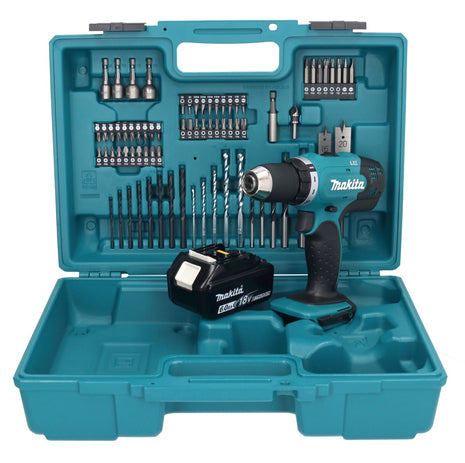 Makita DDF 453 G1X1 taladro atornillador inalámbrico 18 V 42 Nm + 1x batería 6,0 Ah + set de accesorios 74 piezas + maletín - sin cargador