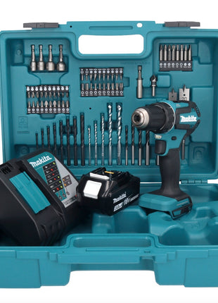 Makita DDF 485 RF1X1 taladro atornillador inalámbrico 18 V 50 Nm sin escobillas + 1x batería 3,0 Ah + cargador + set de accesorios 74 piezas + estuche