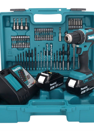 Makita DDF 485 RFX1 taladro atornillador inalámbrico 18 V 50 Nm sin escobillas + 2 baterías 3,0 Ah + cargador + set de accesorios 74 piezas + maletín