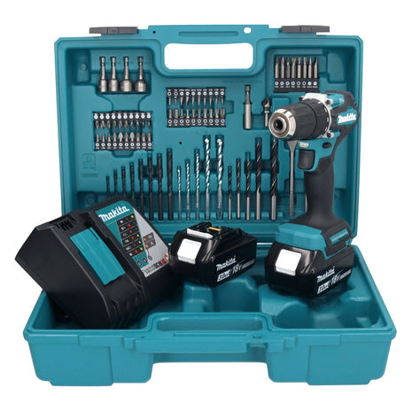 Makita DDF 487 RFX1 Akku Bohrschrauber 18 V 40 Nm Brushless + 2x Akku 3,0 Ah + Ladegerät + 74 tlg. Zubehörset + Koffer