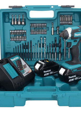 Makita DTD152F1X1 Visseuse à percussion sans fil 165Nm 18V 1/4" + 2x Batteries 3,0Ah + Chargeur + Coffret + Set d'accessoires, 74 pcs.