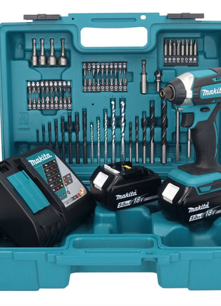 Llave de impacto a batería Makita DTD 152 RTX1 18 V 165 Nm 1/4" + 2x baterías 5,0 Ah + cargador + set de accesorios 74 piezas + estuche