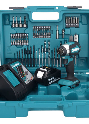 Makita DTD 153 RT1X1 llave de impacto a batería 18 V 170 Nm 1/4" sin escobillas + 1x batería 5,0 Ah + cargador + set de accesorios 74 piezas + estuche