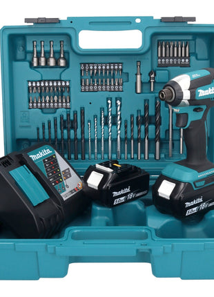 Llave de impacto a batería Makita DTD 153 RTX1 18 V 170 Nm 1/4" sin escobillas + 2x baterías 5,0 Ah + cargador + set de accesorios 74 piezas + estuche