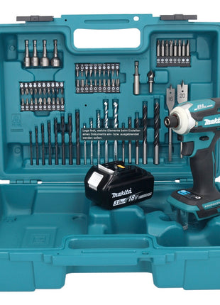 Makita DTD 171 F1X1 llave de impacto a batería 18 V 180 Nm 1/4" sin escobillas + 1x batería 3,0 Ah + set de accesorios 74 piezas + maletín - sin cargador