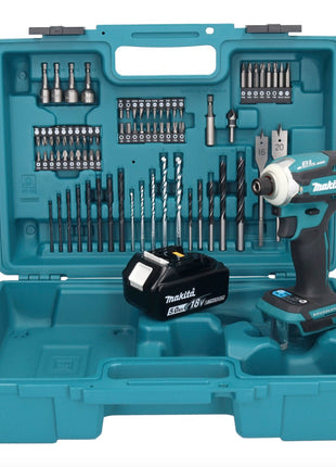 Makita DTD 171 T1X1 llave de impacto a batería 18 V 180 Nm 1/4" sin escobillas + 1x batería 5,0 Ah + set de accesorios 74 piezas + maletín - sin cargador