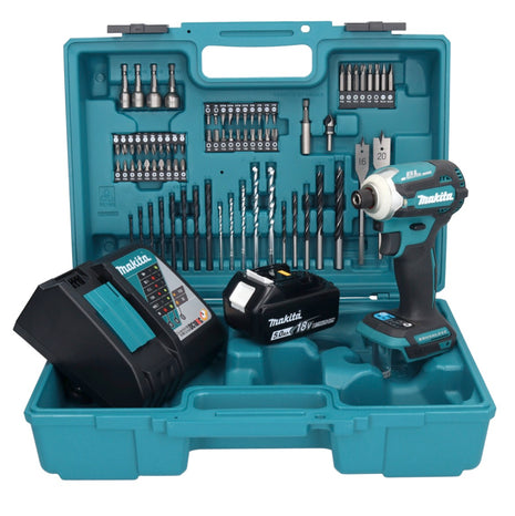 Makita DTD 171 RT1X1 clé à chocs sans fil 18 V 180 Nm 1/4" sans balais + 1 batterie 5,0 Ah + chargeur + jeu d'accessoires 74 pièces + mallette