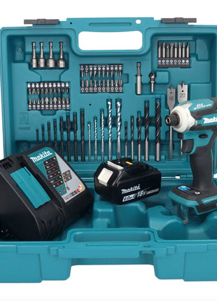 Makita DTD 171 RG1X1 llave de impacto a batería 18 V 180 Nm 1/4" sin escobillas + 1x batería 6,0 Ah + cargador + set de accesorios 74 piezas + estuche