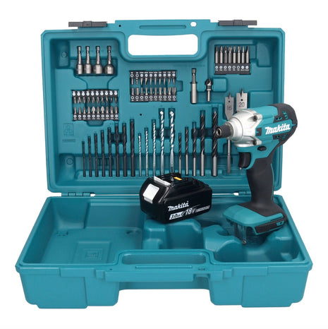 Makita DTD156F1X1 Visseuse à percussion sans fil 155Nm 18V 1/4" + 1x Batterie 5,0Ah + Coffret + Set d'accessoires, 74 pcs. - sans chargeur