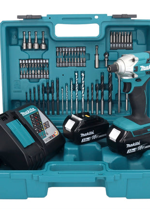 Makita DTD 156 RFX1 llave de impacto inalámbrica 18 V 155 Nm 1/4" + 2x baterías 3.0 Ah + cargador + set de accesorios 74 piezas + estuche